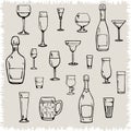 Set of bar dishes on a beige background. Hand drawn restaurant equipment silhouettes. Royalty Free Stock Photo